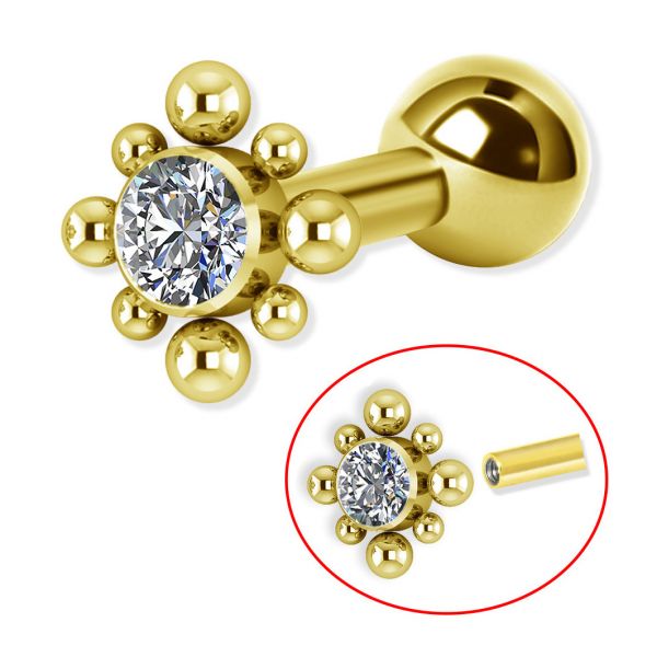 Gold piercing bar with external thread and crystal