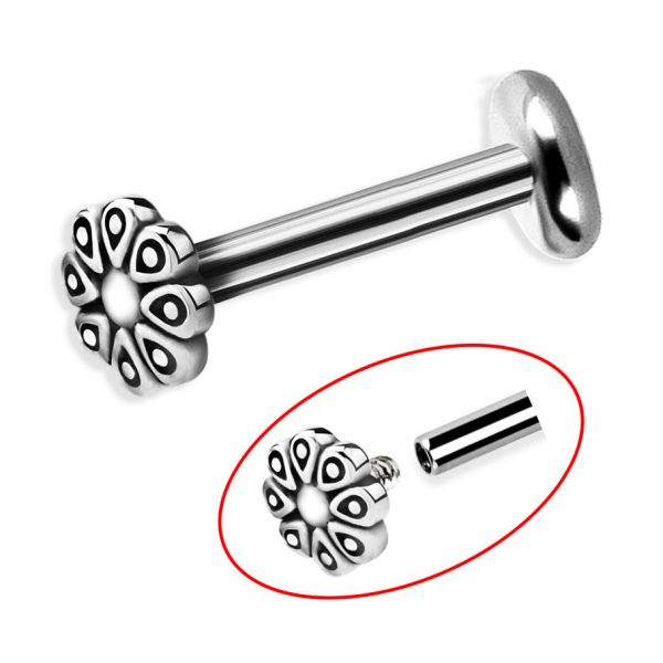 Piercing labret with internal thread and tribal flower