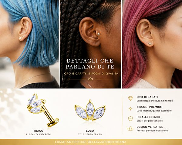 PIERCING MIT LABRET UND BLUMENSTÜCK MIT GOLDKRISTALLEN
