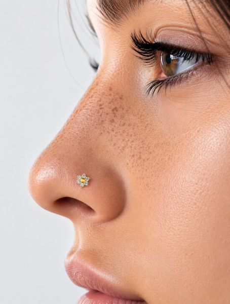SOLID GOLD FLOWER NOSE JEWELRY WITH DIAMONDS