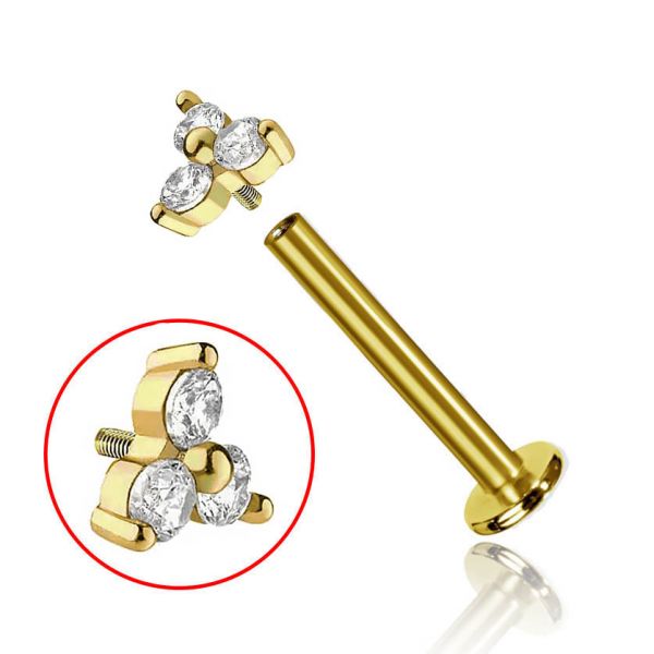 Labret en or avec filetage intérieur et Trinity en cristal