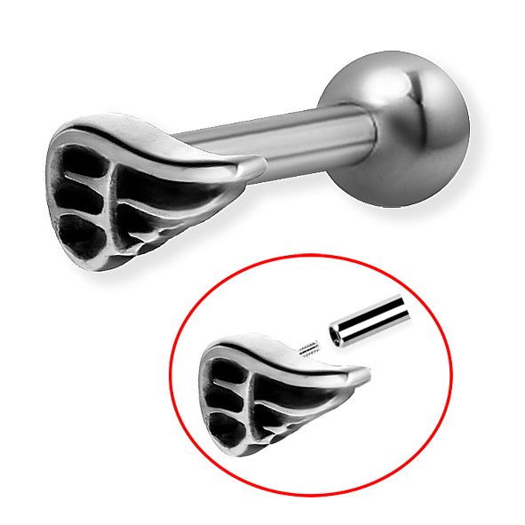 Tragus piercing with steel wing