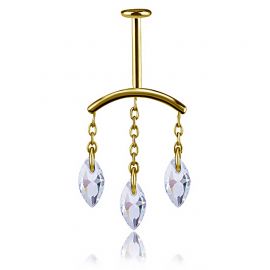 GOLD PLATED VERTICAL HELIX LABRET WITH THREE CRYSTAL DROPS