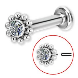 Labret with internal thread and crystal surrounded by spheres