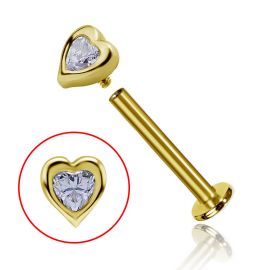Gold labret with internal thread and crystal heart