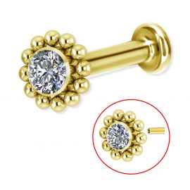 Gold piercing labret with external thread and crystal