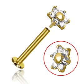 Gold labret piercing with crystal flower