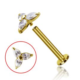 Gold labret piercing with three crystal petals