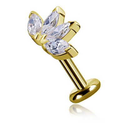 GOLD PIERCING WITH LABRET AND FLOWER ACCESSORY WITH FOUR CRYSTALS