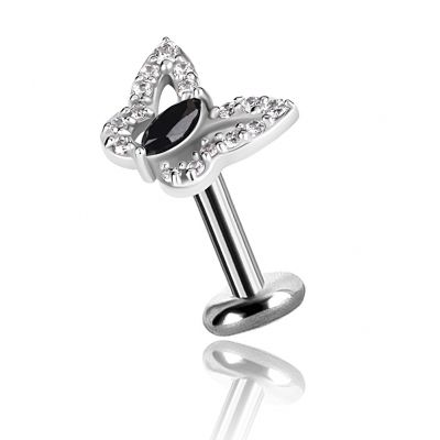 THREADLESS LABRET WITH BUTTERFLY AND BLACK CRYSTAL