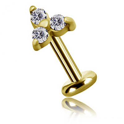 THREADLESS GOLD-PLATED LABRET PIERCING WITH THREE CRYSTALS